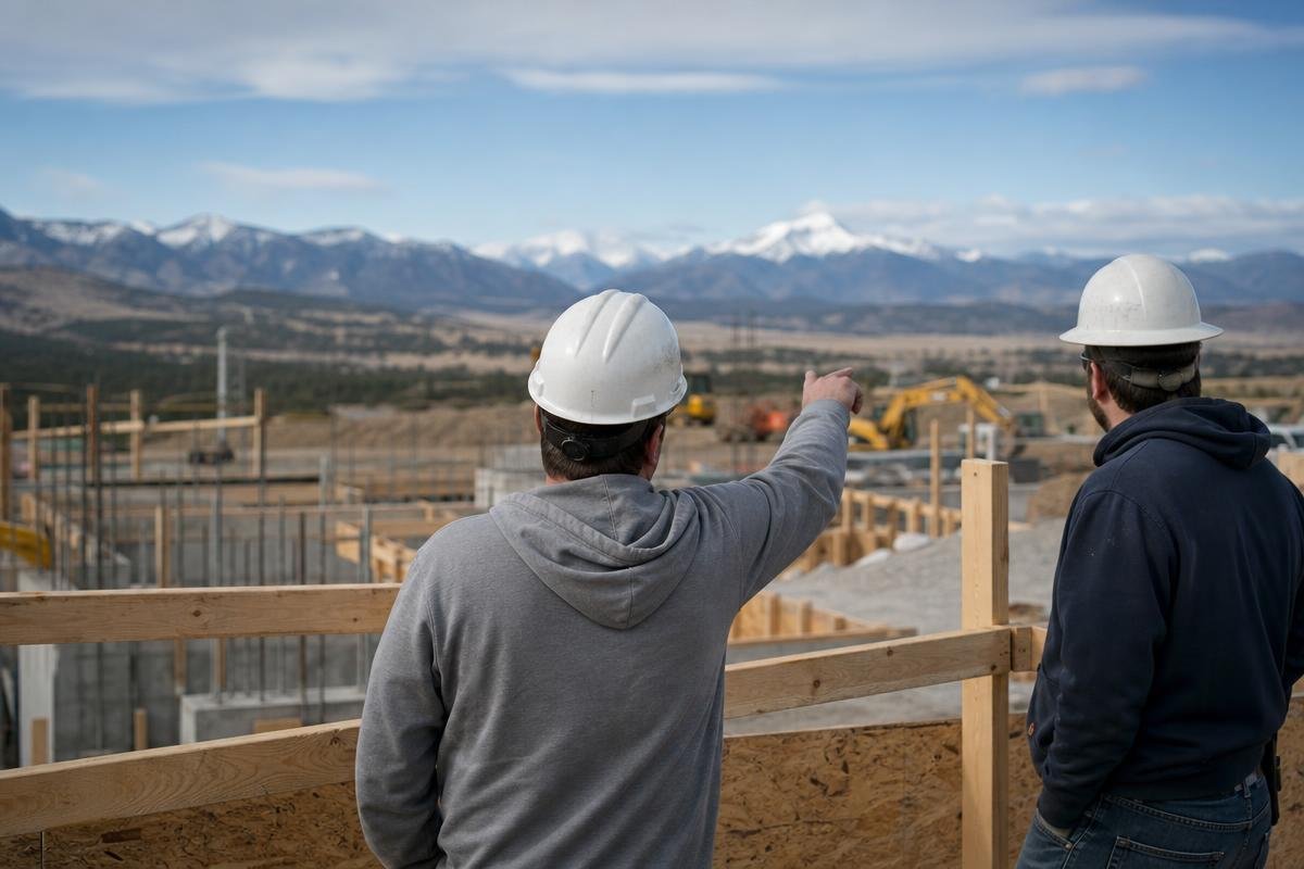 Colorado Springs commercial jobsite showing rocky Front Range terrain and snow-load conditions