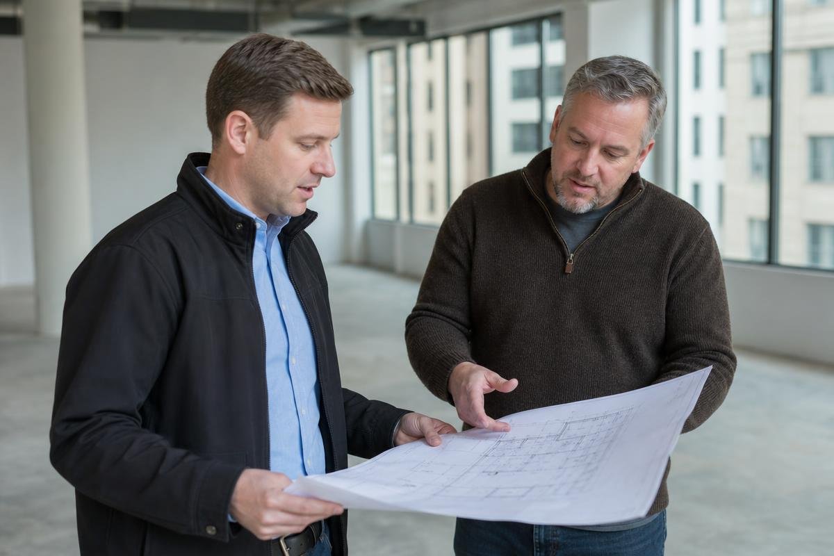 Tenant improvement contractor reviewing plans for a commercial buildout in El Paso County