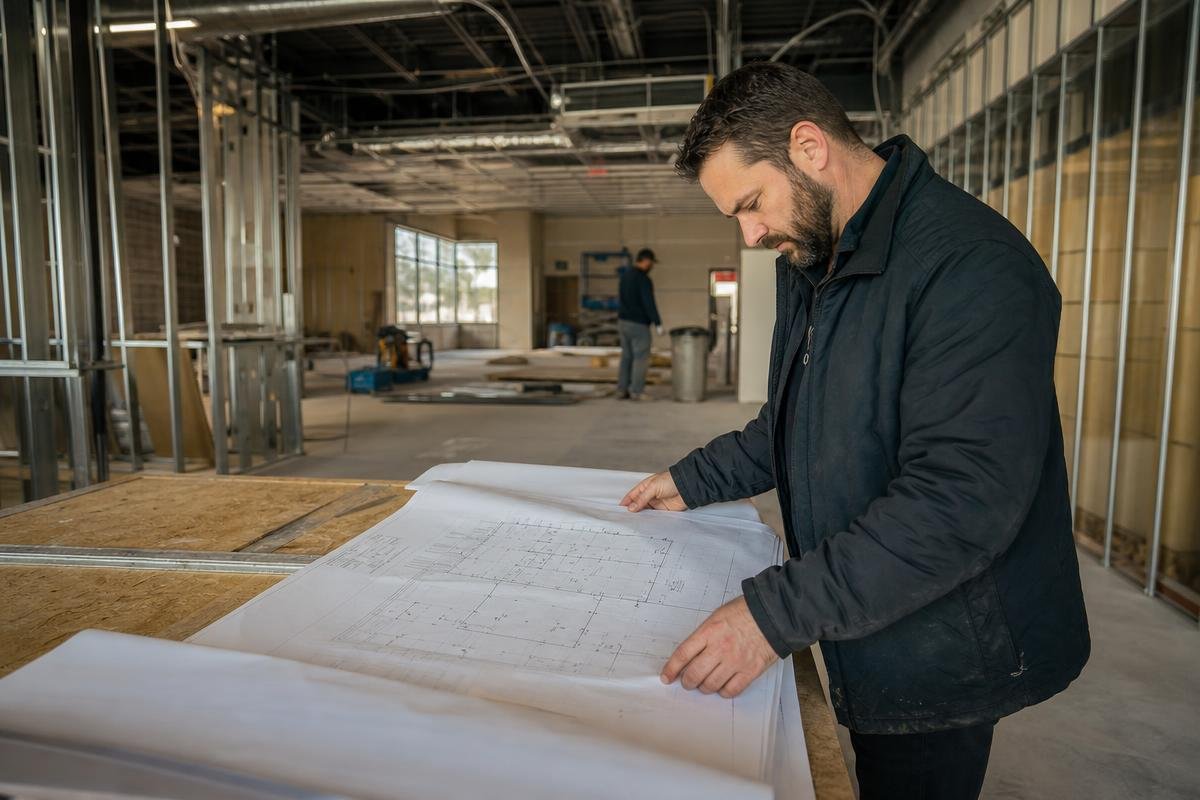 Retail buildout in Colorado Springs with storefront glazing and interior finishes underway