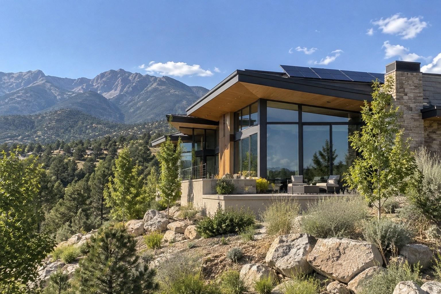 Energy-efficient custom home with rooftop solar panels, deep roof overhangs, and large windows near Colorado Springs