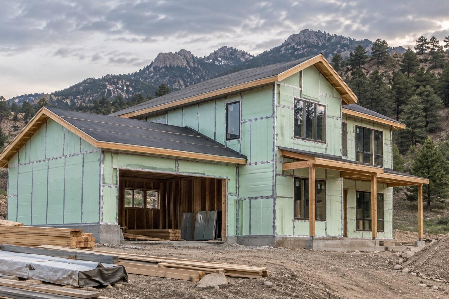 Custom home under construction with continuous rigid foam insulation and taped seams on the exterior walls