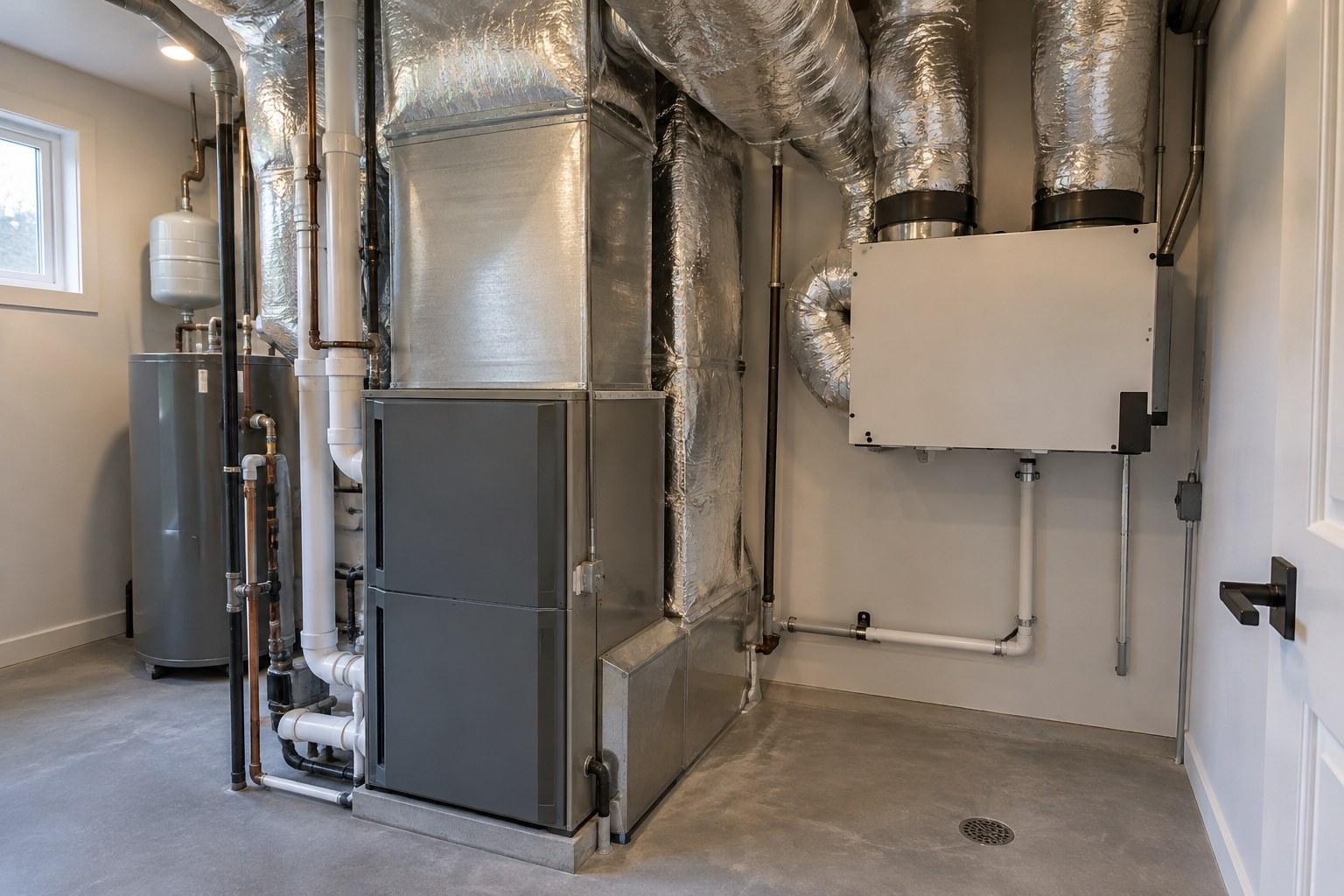 Mechanical room with a high-efficiency furnace, insulated ductwork, and an energy recovery ventilator