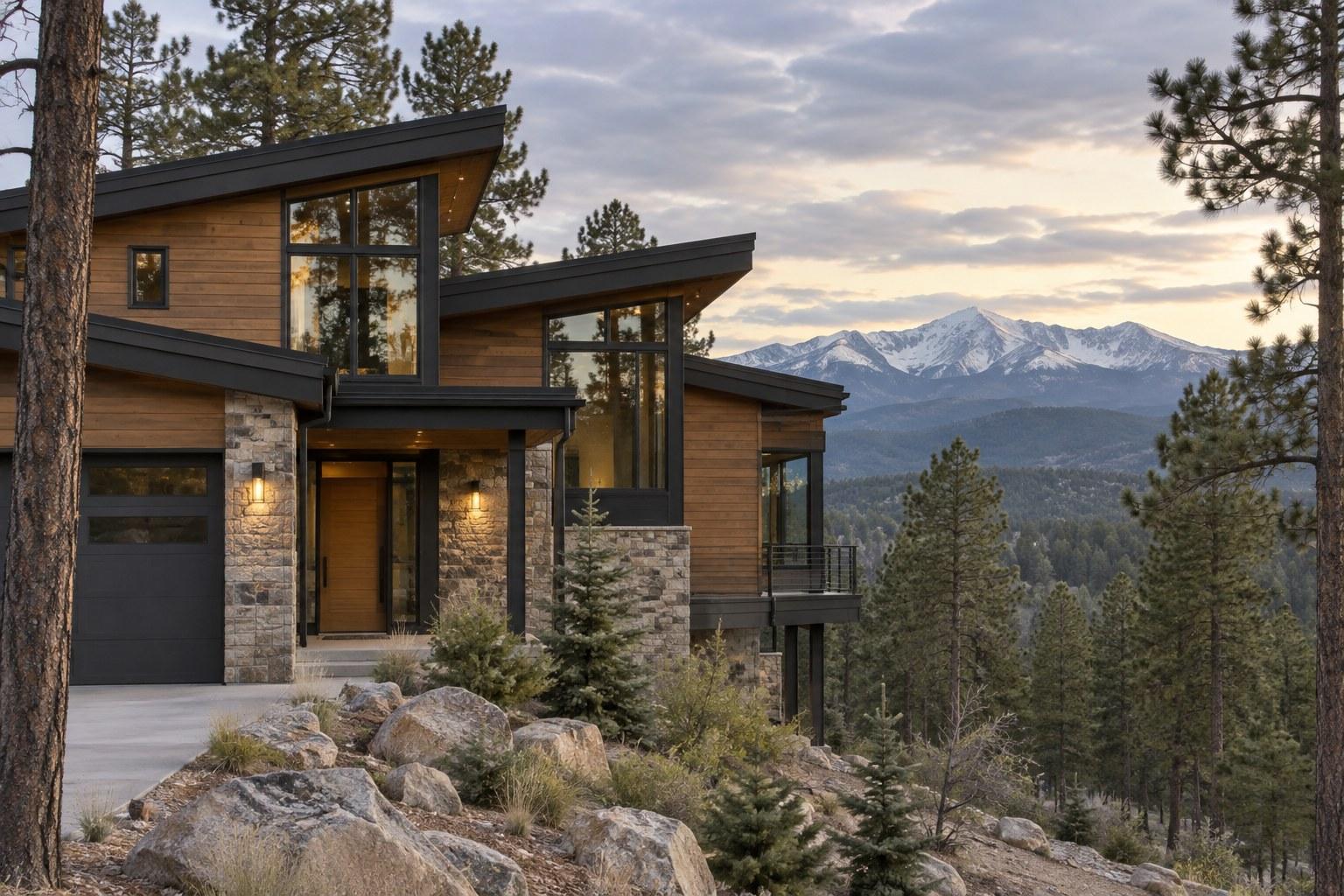 Mountain modern custom home with wood siding, stone accents, and large windows overlooking a mountain view in Colorado Springs