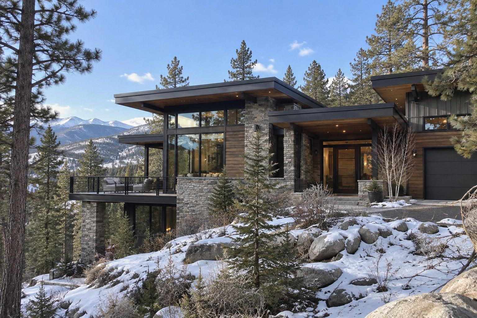 Mountain modern home with low-slope roofs, stone columns, and a glass-walled great room on a snowy wooded lot