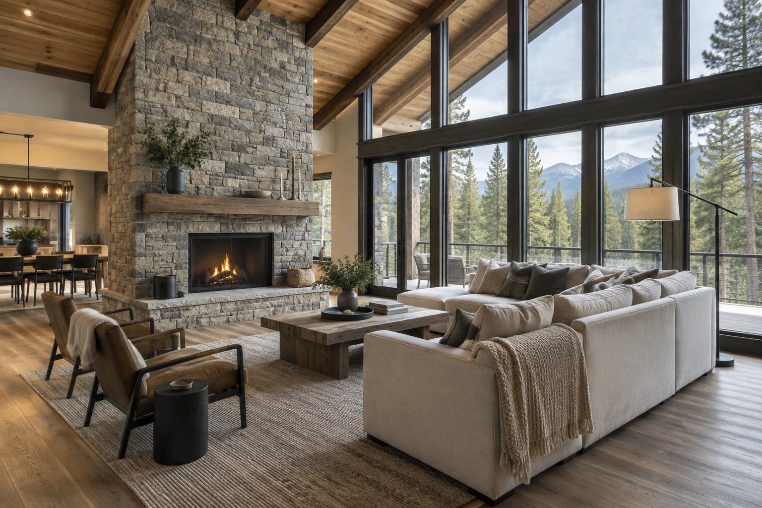 Mountain modern great room with a stone fireplace, exposed wood beams, and floor-to-ceiling windows facing the pines