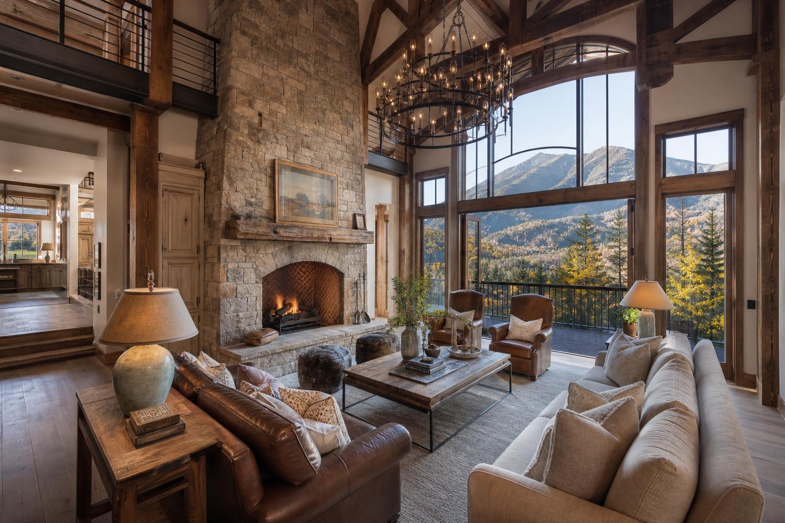 Custom living room with stone fireplace